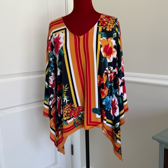 Colleen Lopez Vibrant Floral Striped Poncho Top - Picture 3 of 9